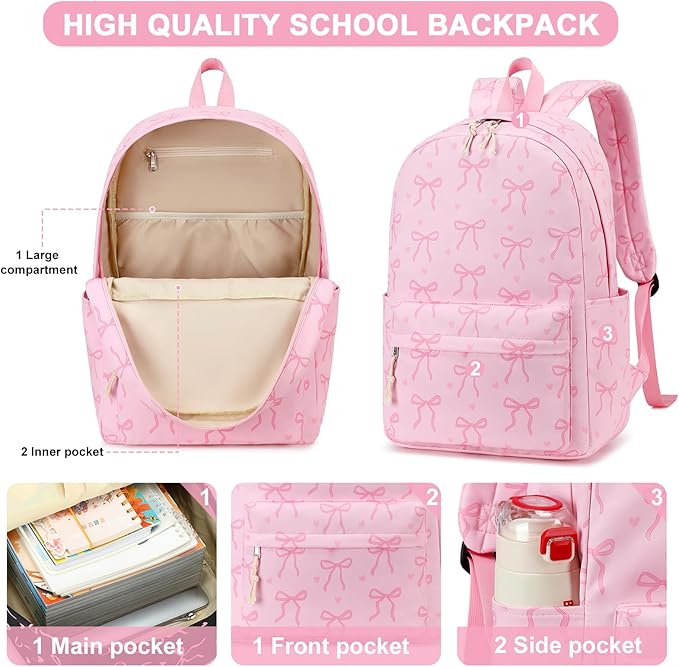 LOIDOU Backpack for Girls School Backpacks Bookbags for Elementary Middle School Women Laptop Backpacks (Bow Tie Pink, L-17)