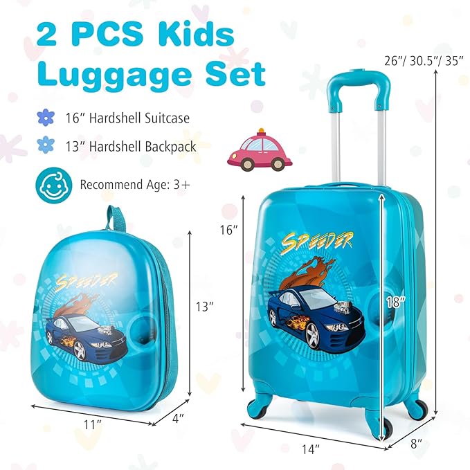 BABY JOY 2 PCS Kids Luggage, 16” Carry-on Hardshell Suitcase with Wheels & Hardside Backpack for Boys Girls, Airline-Approved Toddler Travel Luggage Set (Racing Car)