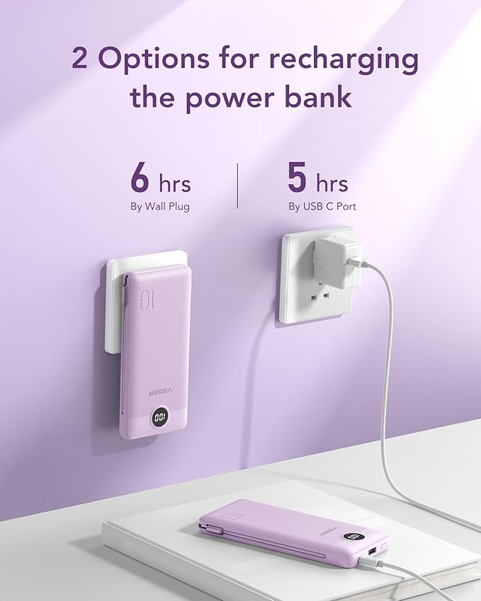 VEGER Portable Charger with Built-in AC Plug and Cables, All in One 10000mAh Ultra Slim Power Bank Travel Essentials, Fast Charging Battery Pack Compatible with iPhone, Samsung, Android (Purple)