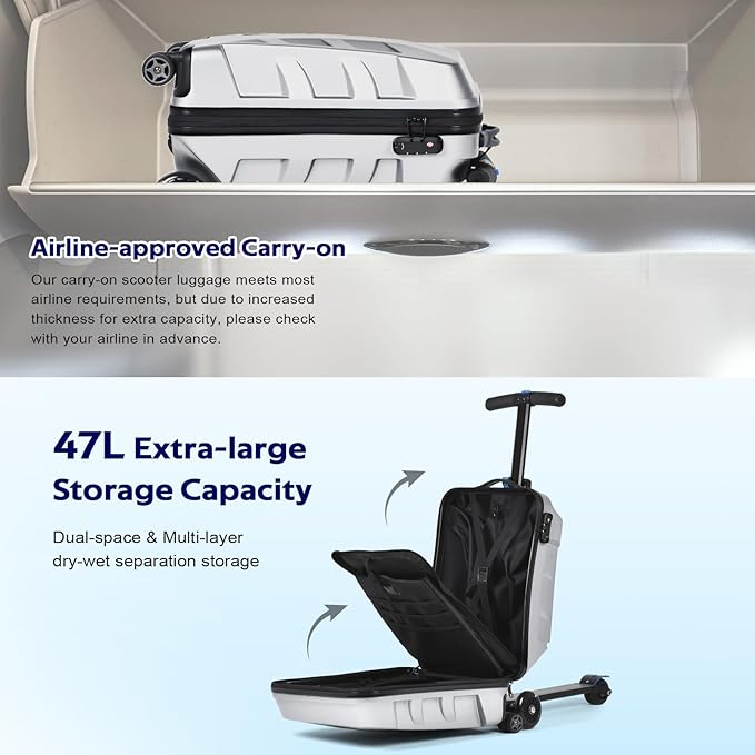 Scooter Suitcase for Kids & Adults，3-D Hardshell Ride On Scooter Luggage with Led Light Up Wheels，TSA Lock，Lightweight Foldable Carry On Rideable Suitcase for Children Teenagers (Silver, 21-inch)