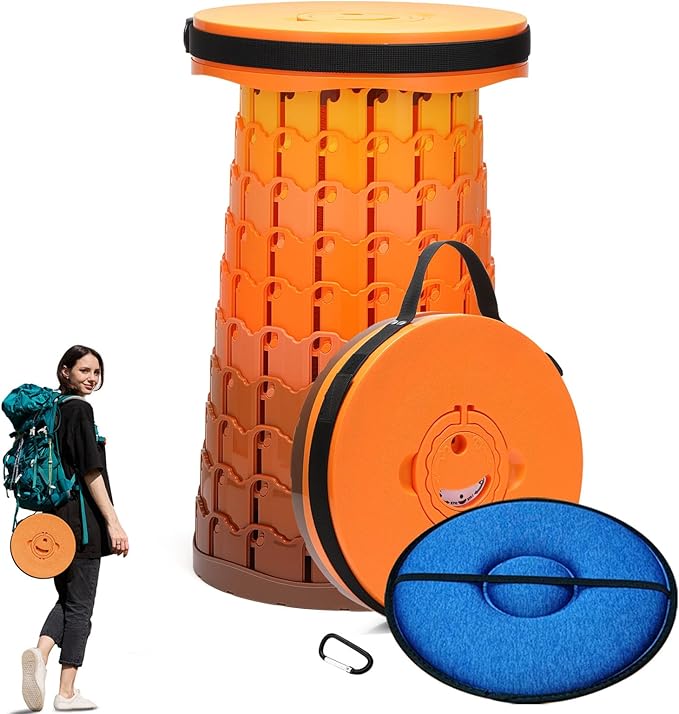 Spisces Upgraded Collapsible Stool with Cushion, 1000 lbs Capacity & 19.7-in High, Wider & Taller Heavy Duty Portable Telescoping Foldable Seat for Adults Camping, Travel, Music Festivals, Outdoors