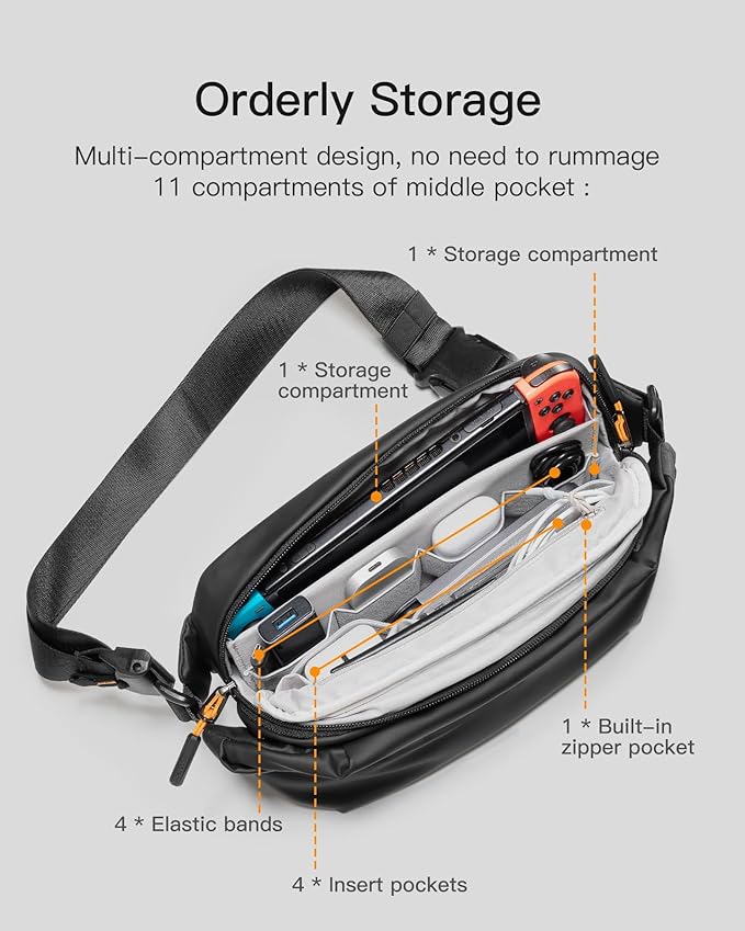 Inateck Sling Bag X, Multi-pocket Crossbody Shoulder Chest Bag with Adjustable Shoulder Strap, Water-resistant Waist Fanny Pack for Men, Women, Travel, Daily Use, Cycling, Hiking, Black, Large