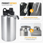 Insulated Gallon Jug with Handle, One Gallon, 128oz Stainless Steel, Large Double Vacuum Water Bottle for Cold Drinks, Wide Mouth, Sweat Proof, Carrier bag, Great for Travel, Camping, Stainless