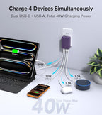 40W Flat USB C Charger Block, 2-Pack USB C Fast Charging Block 4-Port Dual PD+QC Power Adapter Double Charger Block Multiport Type C Cube Multiple Wall Plug for iPhone 17 16 15 14 13 Pro Max(Purple)