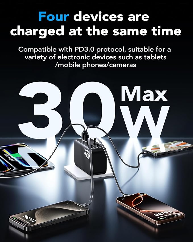 Retractable USB C Charger Wall Plug with 35.5in/90cm Type C Cables Cords,40W Fast Charging Foldable Block Multi Charger for All Devices for iPhone 17/16/15/14/13/12,iPad,Galaxy,Pixel
