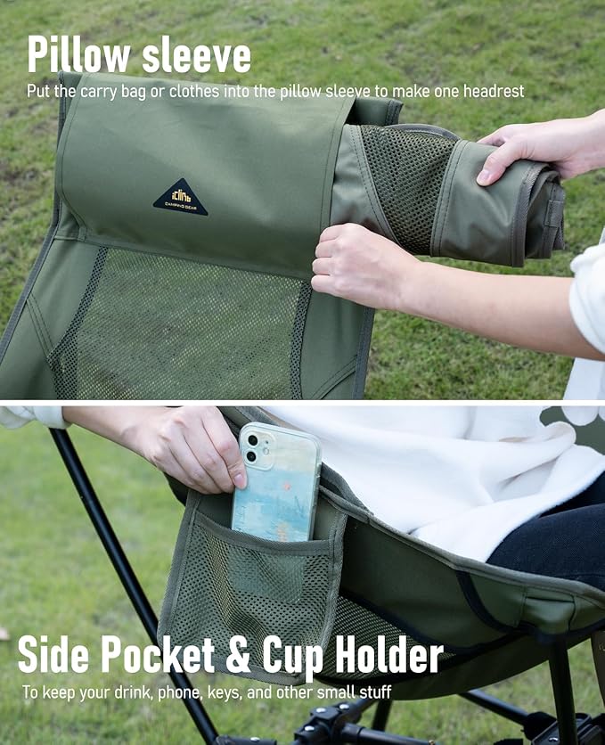 iClimb Ultralight Compact Camping Folding Beach Chair with Anti-Sinking Large Feet (Black - Triangular Frame High Back - 2PC)