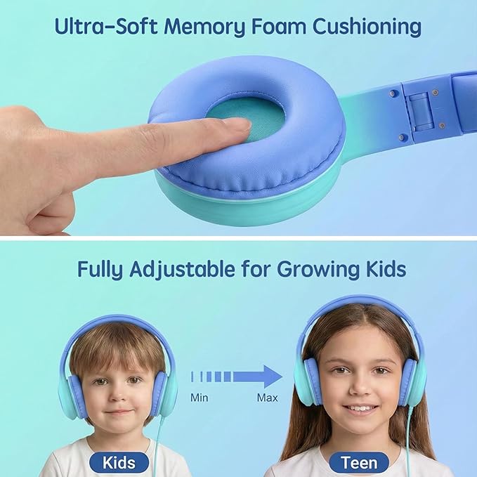 ADOOPE Wired Kids Headphones with USB C Plug, 85dB Safe Volume, Adjustable Headband, Tangle-Free Cord Headphones for School, Tablet, Travel (Sky Blue & Mint Green, Without Microphone)