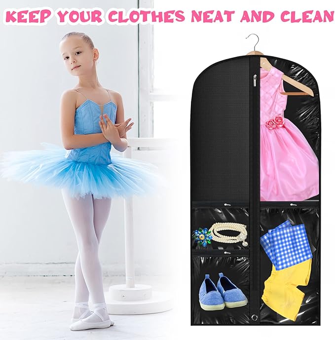 Woanger 6 Pcs Garment Bags for Dance Costumes Clear PVC with Zippers Garment Bag with Pockets Dance Costume Organizer Carrier for Storage Cover for Adult(Black,20'' X 40'')