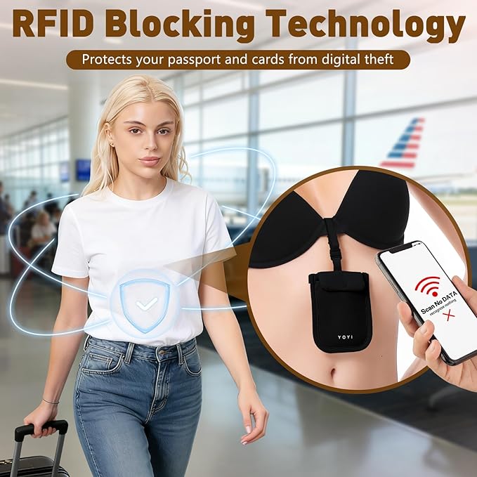 YOYI YOYI RFID Undercover Bra Wallet,Travel Pouch,Secret Pocket - Credit Cards & Money & Valuables with Adjustable,Elastic Strap Suitable for All Bra Sizes