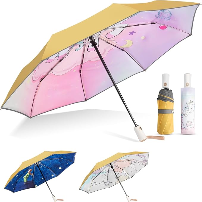 Kids Umbrella for Boys Girls, Yellow Cute Cartoon Automatic Folding Travel Umbrella with Reflective Stripe, Double Canopy Waterproof, 8 Ribs Windproof, Compact Rain Gear