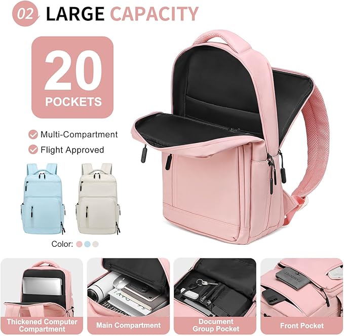 Waterproof Laptop Backpack for Men & Women, Flight Approved Anti-Theft Daypack with 15.6-inch Laptop Sleeve (Pink)