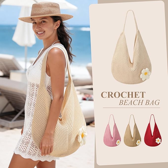 Premillow Crochet Beach Bags for Women, Summer Beach Tote Bag, Mesh Cute Beach Purse, Aesthetic Knit Bag Handbag Shoulder Bag