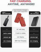 citicr Portable Charger Power Bank, 20000mAh PD20W USB C Fast Charging with Built-in Cable & Wall Plug, External Battery Pack with LED Display, Travel Essential for iPhone, iPad, Samsung Red