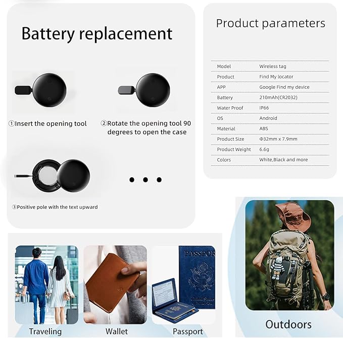 JieWeiXun Compatible Android Ultra-Thin Find My Device Tracker – IP66 Waterproof, 1-Year Battery, Global GPS Locator for Keys/Wallet/Luggage via Google Find My Network(Android, 4 PCS)