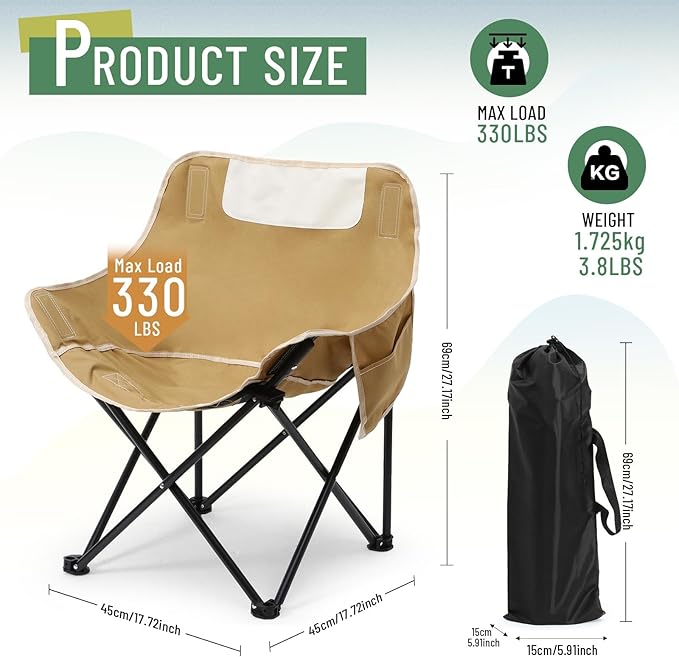 2 Pack Compact Camping Chairs Portable Folding for Outside with Carry Bag Lightweight Moon Chairs for Travel Picnic Hiking Beach Fishing, 600D Oxford, Supports 330lbs(Khaki, Black)