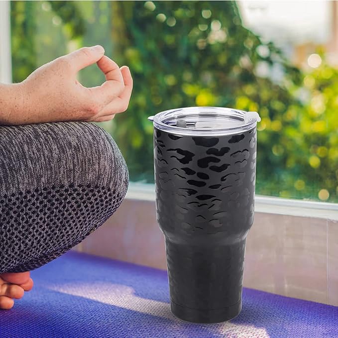 D·S 30oz Black Leopard Tumbler Stainless Steel Insulated Travel Mug with Straw Lid Cleaning Brush