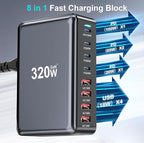 320W USB C Fast Charger Block, Multi-port USB Charging Station, GaN Ⅲ Double 100W PD PPS Port Fast Charging Station for Multiple Devices,Laptop Wall Charger Compatible with MacBook, iPhone 17,iPad etc