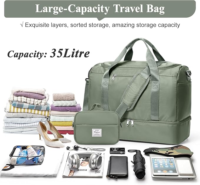 Travel Duffel Bag for Women, Carry-on Overnight Weekender Bags with Wet Pocket & Toiletry Bag, For Spirit Airlines 18x14x8 Personal Item Bag,3 Pcs Set,Small,Olive Green