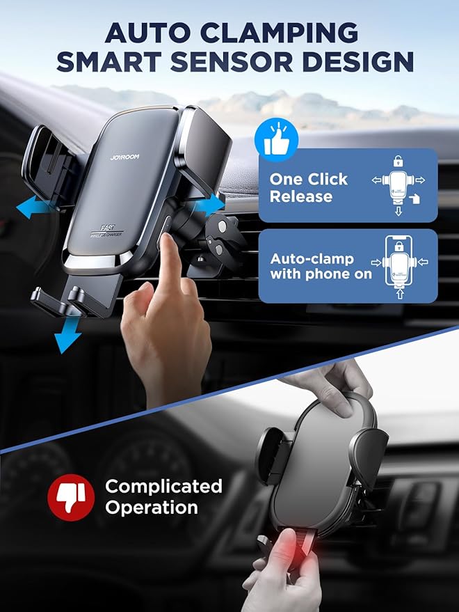 JOYROOM Wireless Car Charger, 15W Fast Charging Auto Clamping Car Phone Holder Charger, Air Vent Car Phone Holder Mount for iPhone 17/16/15 Pro Max Air, Galaxy S26/25 Ultra, Pixel 10 Pro and More