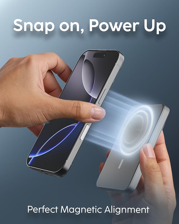 myCharge CliqAir 5000mAh Magnetic Power Bank – Ultra-Thin 0.3" Design | 15W Qi2 Fast Wireless Charging | 20W PD USB-C Port | Powerful Magnetic Hold | Perfect for Travel, Work, or Everyday Use | Grey