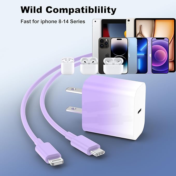 GREPHONE iPhone Charger Fast Charging,20W PD USB C Wall Charger 4 Pack with 6FT Fast Charging Cable - Fast Charger for iPhone 14/14 Pro Max/13/13 Pro/12/12 Pro/11/11 Pro/XS, iPad(Purple)