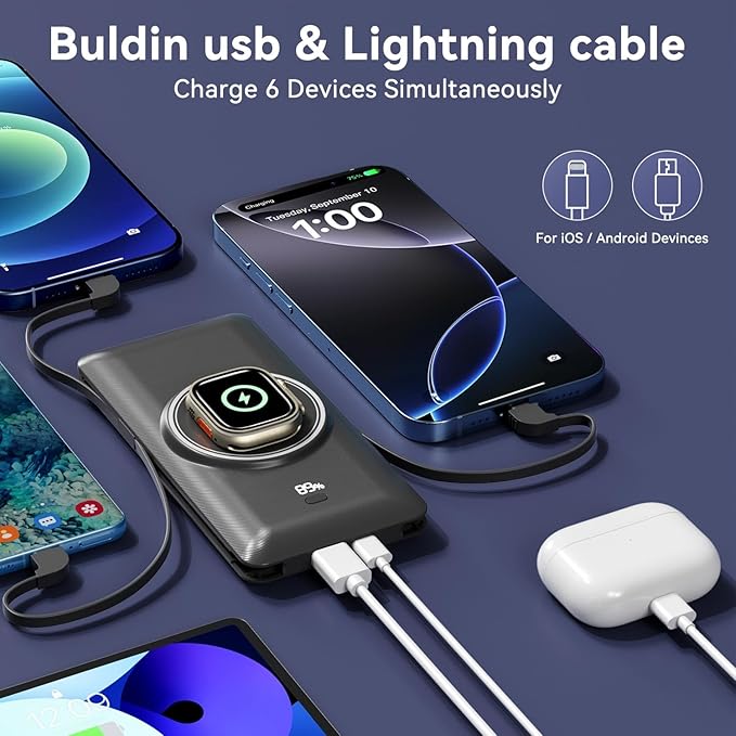 Magnetic 10000mAh Portable Charger for iWatch & iPhone, PD Fast Charging Wireless Power Bank Built-in Cables and Wall Plug, External Travel Battery Pack Compatible with iOS Android Phones