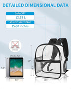 Paxiland Clear Backpack Stadium Approved 12×12×6 with Reinforced and Wider Shoulder Straps, Small Clear Bag for Schools, Concerts, Work, Festivals and Sporting Events - Black