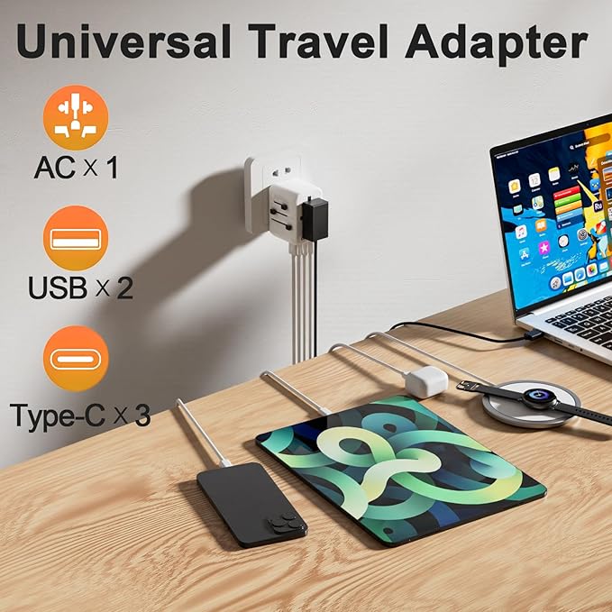 Oviitech 28W Universal Travel Adapter,Power Adapter with 5 USB Ports - All-in-one USA, UK, AUS, EU Plugs for Worldwide Use(White).