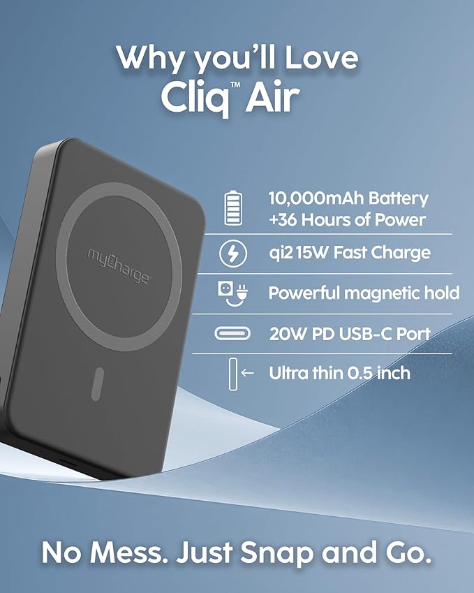 myCharge CliqAir 10000mAh Magnetic Power Bank – Ultra-Thin 0.5" Design | 15W Fast Wireless Charging | 20W PD USB-C Port | Powerful Magnetic Hold | Perfect for Travel, Work, or Everyday Use | Black