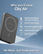 myCharge CliqAir 10000mAh Magnetic Power Bank – Ultra-Thin 0.5" Design | 15W Fast Wireless Charging | 20W PD USB-C Port | Powerful Magnetic Hold | Perfect for Travel, Work, or Everyday Use | Black