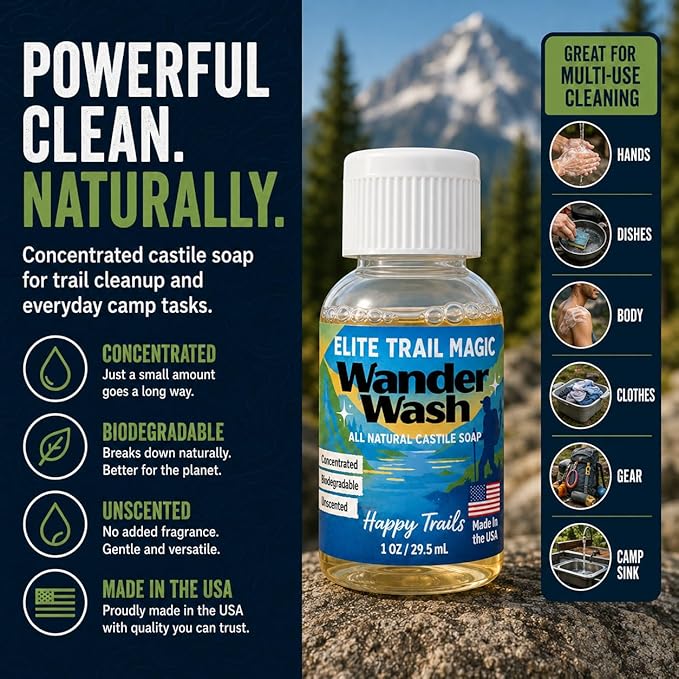 Elite Trail Magic- Wander Wash Biodegradable Castile Camp Soap – Ultralight 1 oz Concentrated Liquid Soap for Camping- Dish Wash Station-Travel & Backpacking – All Purpose, Unscented