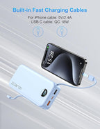 Ffnpua Portable Charger with Wall Plug, 20000mAh USB C Power Bank Fast Charging, External Battery Pack with Built in Cables, Digital Display, 5 Output 2 Input for iPhone Android Cell Phone Tablet