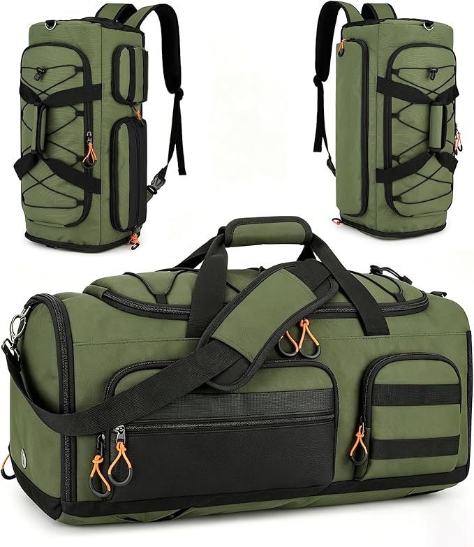 Searock 45L Gym Bag for Men, 3-In-1 Duffle Bag Backpack for Travel, Sports Duffel Bags for Gym Workout, Weekender Overnight Bag with Shoe Compartment, Wet Pocket, Green