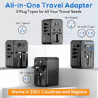 Universal Travel Adapter 70W GaN - International Power Adapter 3 USB C 1 USB A, Worldwide Travel Essentials, European Travel Plug Adapter for Laptop, Phone, Type C/G/D/I/A