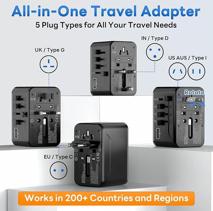 Universal Travel Adapter 70W GaN - International Power Adapter 3 USB C 1 USB A, Worldwide Travel Essentials, European Travel Plug Adapter for Laptop, Phone, Type C/G/D/I/A