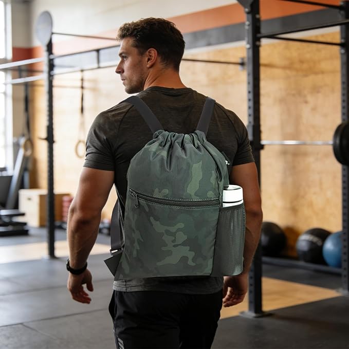HOLYLUCK Men & Women Outdoor Sport Gym Sack Waterproof Drawstring Backpack Bag (Standard with width webbing, Black Camo-1)