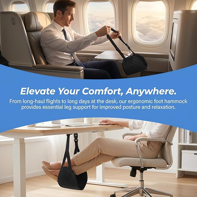 CALLARON Portable Foot Hammock Under Desk Foot Rest with Adjustable Strap and Storage Bag, Travel Footrest for Airplane Office Car Seat Leg Support Comfort Black