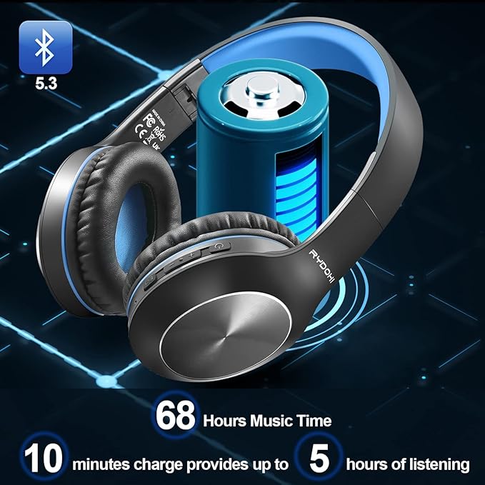Rydohi Bluetooth Headphones Over Ear, 68H Playtime 3 EQ Music Modes Wireless Headphones with Microphone/Deep Bass, Foldable Lightweight Headset for PC Home Travel Office(Black Blue)