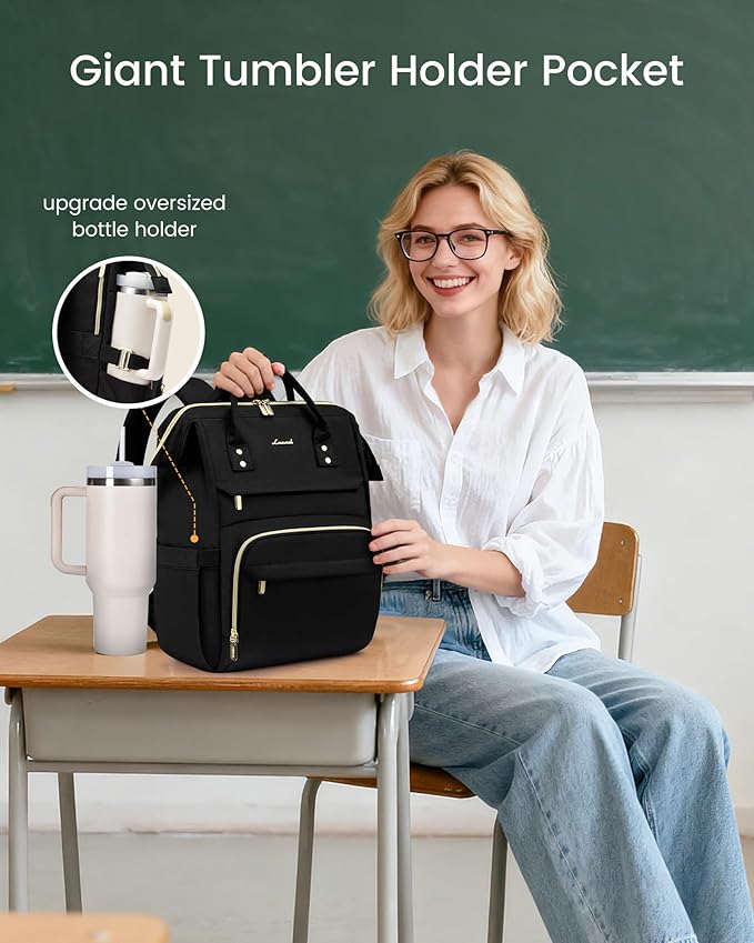 LOVEVOOK Laptop Backpack for Women with Giant Tumbler Holder Pocket,17 inch Waterproof Travel Backpack Purse Computer Laptop Bag,Professional Work College Nurse Teacher Backpack Casual Daypack,Black