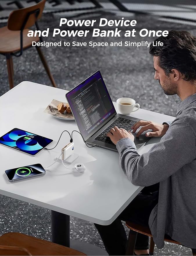 Portable Charger with Built-in Cables & Wall Plug, 10000mAh Power Bank, 4 Outputs 22.5W USB C Fast Charging, Slim Travel Battery Pack with LED Display for iPhone 17/16/15/14, White
