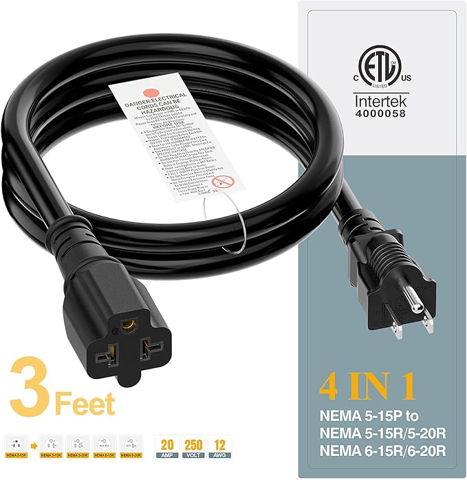 (3Feet) NEMA 5-15P Extension Cord, Plugrand NEMA 5-15P to 5-15R/ 5-20R/ 6-15R/ 6-20R AC Adapter Cord, 12AWG 15 Amp to 20 Amp T Blade Adapter Cable, 15A 125V to 20A 250V Extension Cord