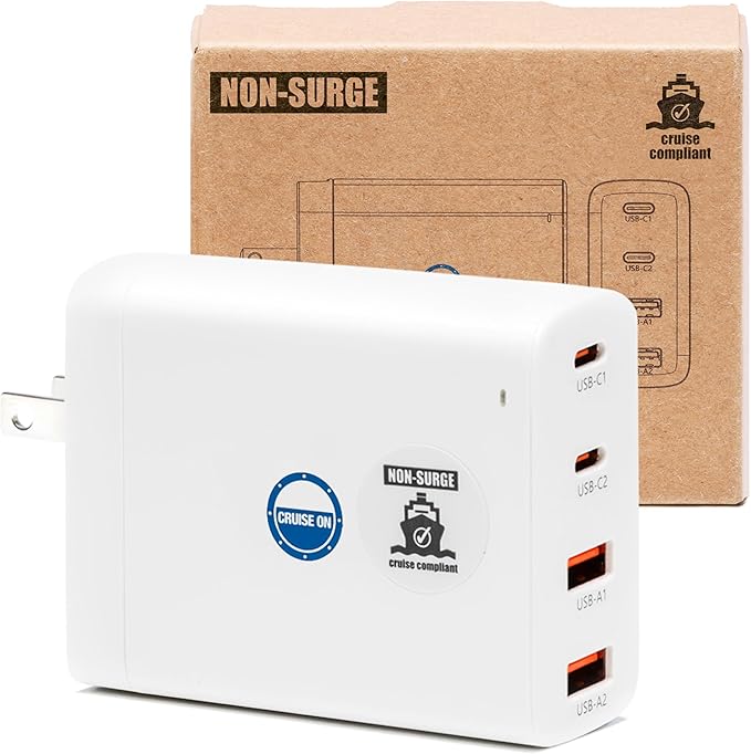 Cruise Approved Power Strip (Royal Caribbean, Disney & More) - Non Surge Charger [2 USB, 2 USB-C] 4-Port Charging Block w/Foldable Plug for iPhone, iPad, Laptops & More - Cruise Ship Essentials 2026