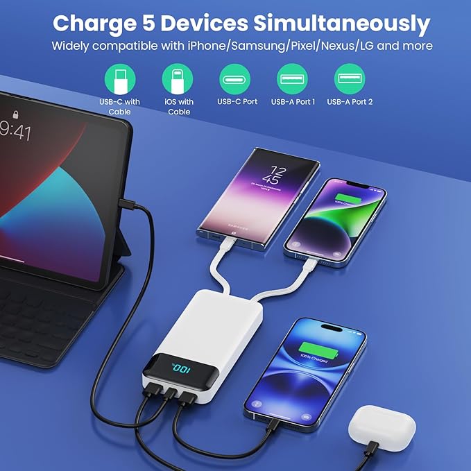 Portable Charger Power Bank 40800mAh with 3 Built-in Cables,25W Fast Phone Charging Portable Battery Pack,5 Outputs Travel Essentials Outdoor External Battery for iPhone 17/16,Galaxy Android etc-White