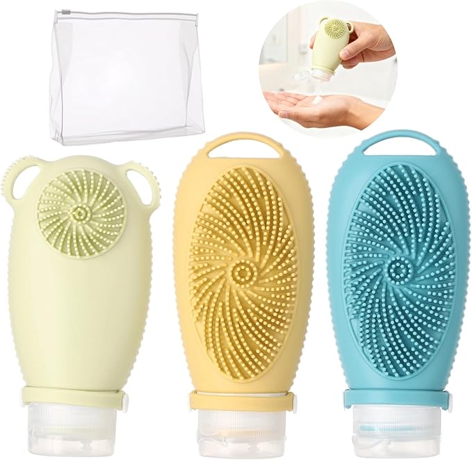 3 PCS Silicone Travel Bottles, 100 ml Leak-Proof Refillable Toiletry Containers with Massage Brush & PVC Zipper Bag, Squeezable Bottles for Shampoo, Body Wash & Facial Cleanser