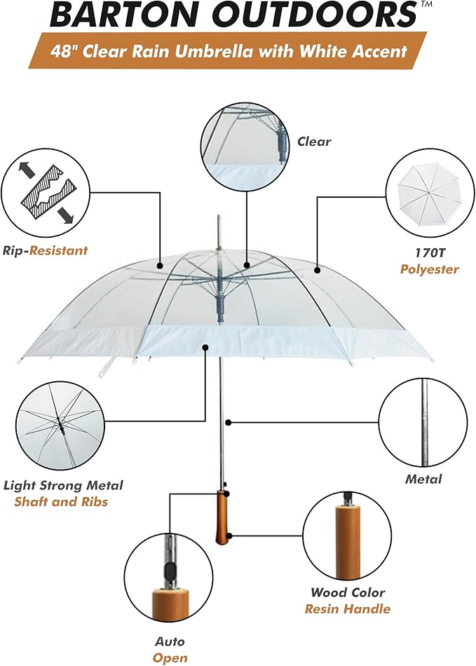 Rain Clear White Umbrella | Water Repellent Strong Metal Shaft and Ribs | Auto Open Rip Resistant Portable Umbrella | Wood Print Resin Handle