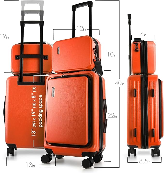 22 Inch Carry On Luggage 22x14x9 Airline Approved, Carry On Suitcase with Wheels, Hard-shell Carry-on Luggage, Orange Small Suitcase, Hardside Luggage Carry On with Cosmetic Carry On Bag