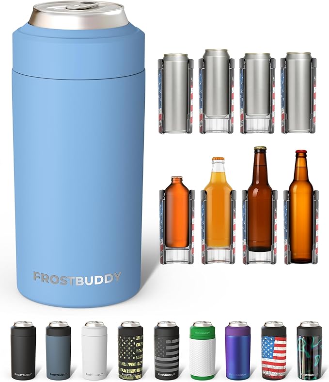 Frost Buddy Universal Can Cooler - Fits all - Stainless Steel Can Cooler for 12 oz & 16 oz Regular or Slim Cans & Bottles - Stainless Steel