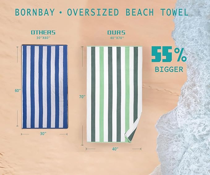 Bornbay Large Beach Towel Oversized - 40"X70" Big Cute Beach Towels, Extra Large Thick Green Pool Towel, XL Beach Towel Oversize, Giant Striped Cotton Towel for Adults