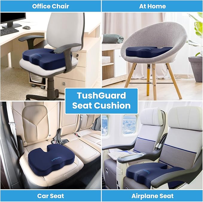 TushGuard Seat Cushion for Office Chair Memory Foam Non-Slip Cushion Back, Relief Chair Pad, Butt Pillow for Office Chair, Car, Computer Desk, Blue
