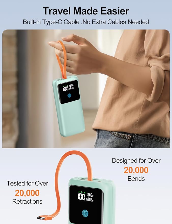 Laptop Power Bank, 24000mAh 65W Fast Charging Portable Charger with Built-in Cable, USB C Battery Pack with LED Display, Travel Essential External Battery Bank for Macbook/Notebook/Tablet/Phone Green
